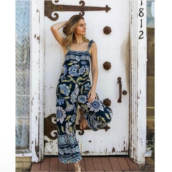 Free People Bali Albright Jumpsuit 100% Cotton Blue Boho Floral Balloon Legs - Picture 1 of 8